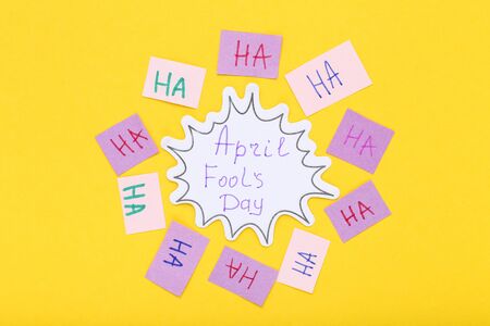 Text April Fool's Day on yellow backgroundの写真素材