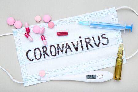 Text Coronavirus with pills, thermometer and syringe on grey backgroundの写真素材
