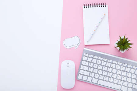 Computer keyboard with mouse, office supplies and green plant on colorful backgroundの写真素材