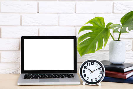 Laptop computer with green leafs, books and round clock on brick wall backgroundの写真素材