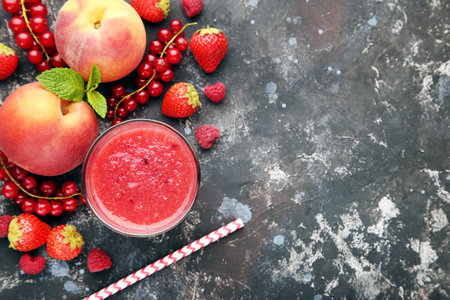 Red smoothie in glass with fruits on black backgroundの写真素材