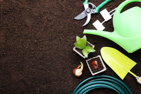 Garden tools with flowers on the groundの写真素材