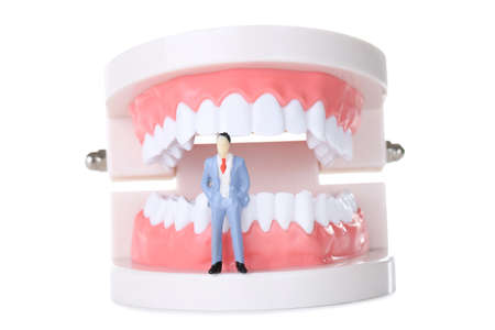 Miniature people with teeth model isolated on white background