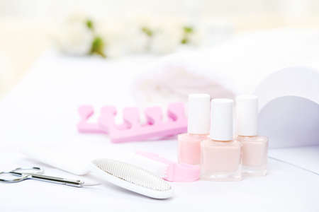 Different tools for manicure on white backgroundの写真素材