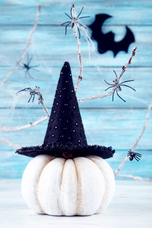Halloween pumpkin with black hat, tree branches and spiders on wooden backgroundの写真素材