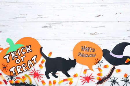 Halloween concept. Candies with spiders, paper hat, pumpkin and cat on wooden backgroundの写真素材