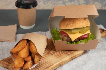 Eco packaging - craft burgers for delivery service. Fast food.の写真素材
