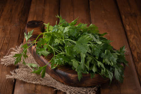 Eco vegetables - fresh cilantro on wooden background, vegan foodの写真素材