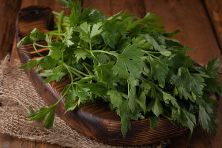 Eco vegetables - fresh cilantro on wooden background, vegan foodの写真素材