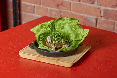 Grilled steak with vegetables, loft backgroundの写真素材