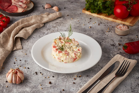 Russian traditional salad Olivier with meat and vegetables, textured backgroundの写真素材