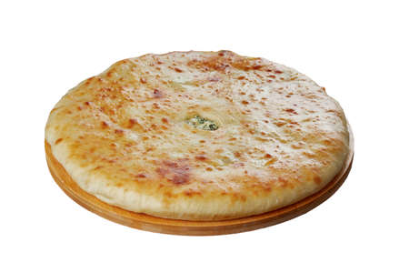 Traditional Caucasian dish - Ossetian pies with cheese, potatoes, herbs, cottage cheese, cherries, beef, mushrooms, isolateの写真素材