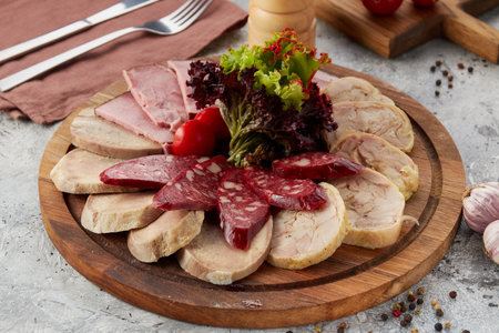 Marble cutting board with salami and meat platterの写真素材