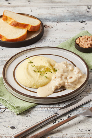Creamy chicken pieces with mashed potatoesの写真素材