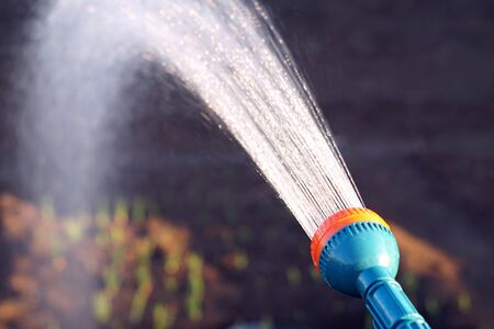 Gun for irrigation on the hose. Man watered the garden. Green nozzle for a hose with a red aerator.