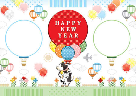 year of the ox illustration new year's card greeting post card design cow and balloon frame happy new yearのイラスト素材