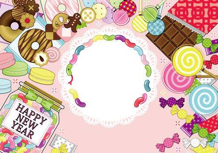 Year of the snake illustration new year's card greeting postcard design material jelly beans and sweets set frameのイラスト素材