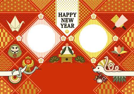 Year of the snake illustration new year's card greeting postcard design material snake parent and child lucky charm Japanese style frameのイラスト素材