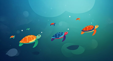 Turtles in the sea. Cartoon vector illustration. Flat style.の素材