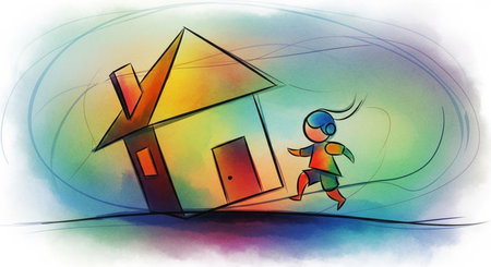 Children's drawing of a little boy running towards the house. Vector illustration.の素材