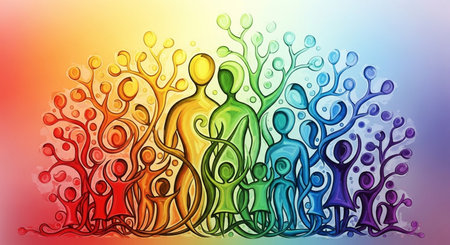 Colorful abstract background with a group of people and a tree.の素材