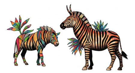 Zebra and zebra with leaves on the white background. Vector illustration.の素材