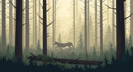 Deer in the forest. Vector illustration. Wild animal in the fog.の素材