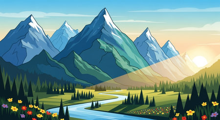 Landscape with mountains and river. Vector illustration in flat style.の素材