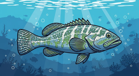Grouper in the deep blue sea. Underwater vector illustrationの素材