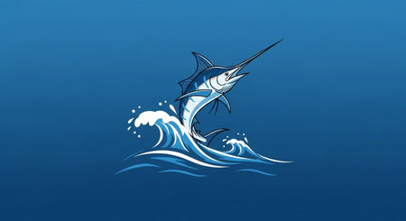 Blue marlin fish jumping into the sea with waves. Vector illustration.の素材