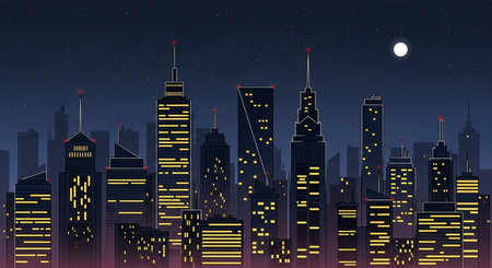 Night city skyline with skyscrapers and neon lights. Vector illustration.の素材