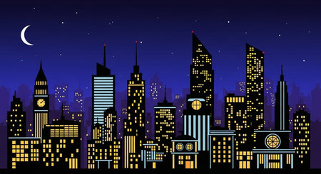 Night city skyline with skyscrapers and buildings. Vector illustration.の素材