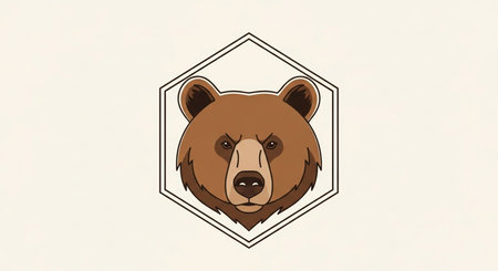 Cute brown bear head in a hexagon shape. Vector illustration.の素材