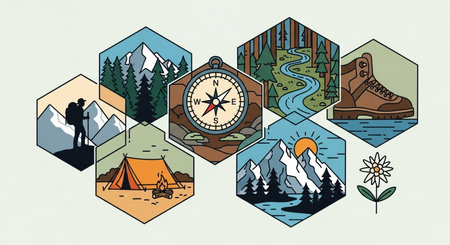 Set of camping and hiking icons in retro style. Vector illustration.の素材