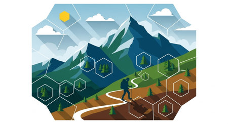 Mountain landscape with a woman running on the road. vector illustrationの素材