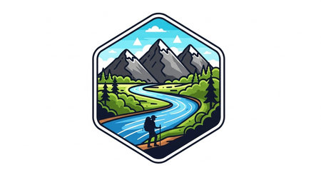 Illustration of a hiker with a backpack crossing a river with mountains in the background set inside circle shape on isolated white background done in retro style.の素材