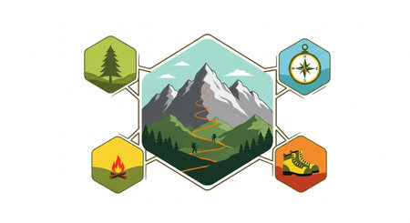 Hexagon with hiking icons on white background. Vector illustration.の素材