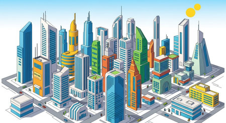 illustration of isometric city with skyscrapers and office buildingsの素材