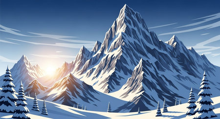 Winter mountain landscape with snow and fir trees in the foreground, vector illustrationの素材