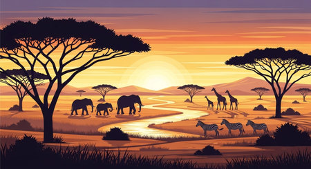 African savanna landscape with elephants and zebras at sunset vector illustrationの素材