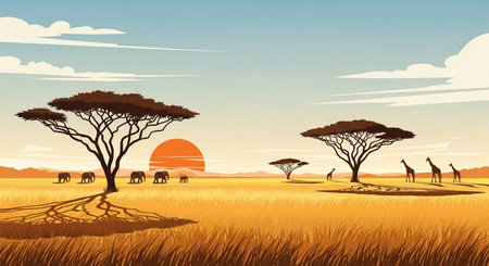 African savannah landscape with trees and giraffe at sunset, vector illustrationの素材