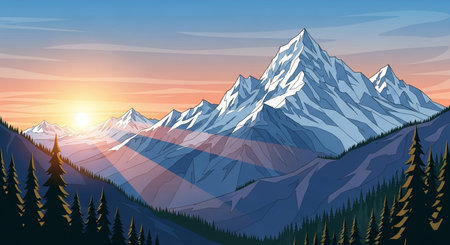 Mountains at sunset. Vector illustration of a mountain landscape in the summer.の素材