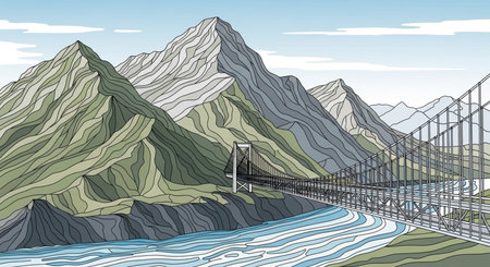 Suspension bridge over the river in mountains. Vector hand drawn illustration.の素材