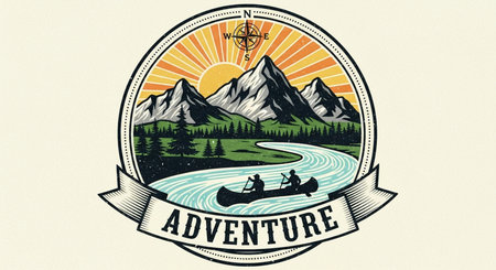 Vintage adventure badge with rafting and mountains. Vector illustration.の素材