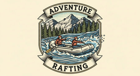 Vintage hand drawn rafting label, badge, logo or emblemの素材