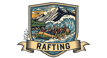 Illustration of a rafting team on lake with mountains in the backgroundの素材