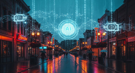 Digital binary code on the city street. Technology concept. 3D Renderingの素材