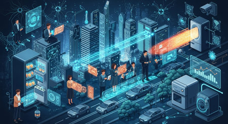 Data center isometric composition with business people and big data icons on blue background vector illustrationの素材