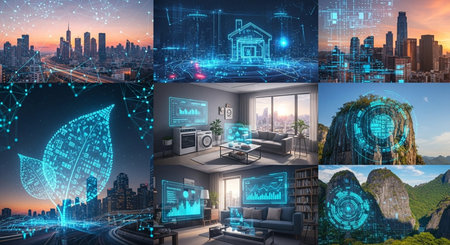Collage of modern cityscape with high tech buildings and internet of things technology conceptの素材