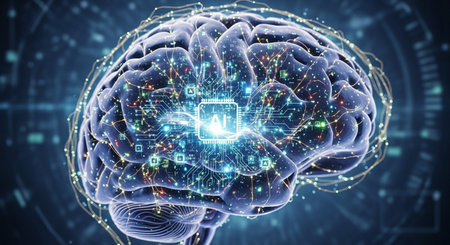 3D rendering of a human brain with artificial intelligence concept on blue backgroundの素材